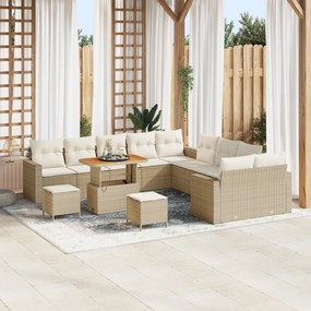 Conjunto de Sofá de Jardim com 13 Peças e Almofadas Bege Vime Sintético Acácia