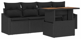 Conjunto de Sofás de Jardim com 5 Peças e Almofadas Preto Rattan