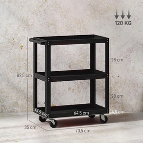 Carrinho de oficina com 3 prateleiras 70,5 x 35 x 82,5 cm, pega lateral e rodas bloqueáveis, preto