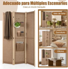 Biombo divisória de privacidade dobrável 4 painéis com sacos de arrumação Ganchos para casa escritório Bege