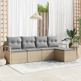 vidaXL Conjunto de Sofá de Jardim de 5 Peças com Almofadas Bege de Poli Rattan