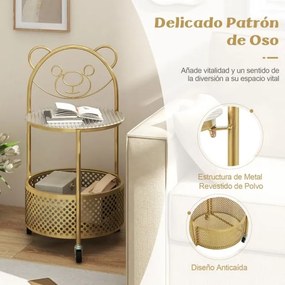 Mesa de centro de vidro móvel Mesa apoio ou cabeçeira de 2 níveis com padrão de urso Cesto de arrumação Estrutura metálica Mesa lateral moderna Dourad