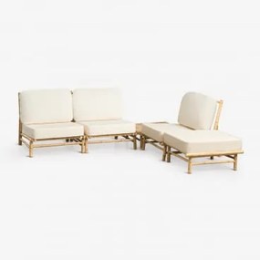 Conjunto De Jardim Com Sofá Modular De 3 Peças, Puff E Mesa De Centro Quadrada 75x75 Cm Em Bambu Isendra Tecido Branco - Sklum