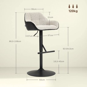 Conjunto de 2 bancos de bar com altura ajustável, tecido com efeito de linho e base em aço, 52,5 x 53 x 86,5-108 cm cinzento claro, preto