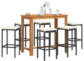7 pcs conjunto de bar para jardim vime PE/acácia maciça preto