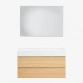 Conjunto De Móvel De Casa De Banho Suspenso Em Madeira E Folha De Freixo Com Lavatório Integrado Ona Madeira Natural & Led Retangular E Anti-embaciame