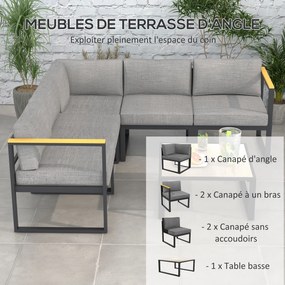 Conjunto de jardim de canto para exterior, design contemporâneo, 6 peças para 5 pessoas – em alumínio, grande conforto cinzento, natural