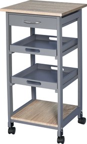 Carrinho de serviço de cozinha com rodas, 2 tabuleiros removíveis, gaveta e prateleira em carvalho claro e pinho cinzento