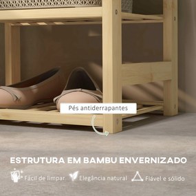 Banco para Sapatos de Bambu Móvel Sapateira com Assento Cesta Amovível e Prateleiras Abertas para 4 Pares de Sapatos 69x30x45 cm Madeira