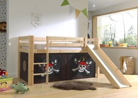 Cama alta de Criança PINO 90 x 200 cm + estrado + escada + escorrega + cortina Piratas das caraibas Natural