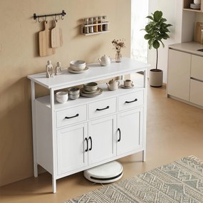 Aparador de cozinha 95 x 35 x 88 cm, móvel de arrumação, 3 portas, 3 gavetas, compartimento aberto e prateleiras ajustáveis, branco