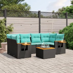7 pcs conjunto de sofás p/ jardim c/ almofadões vime PE preto