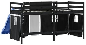 Cama alta criança c/ cortina 90x190cm pinho maciço branco/preto