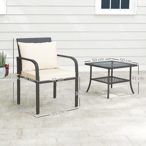 Conjunto de Jardim de 3 Peças com 2 Cadeiras e Mesa com Prateleira e Bancada de Vidro Castanho Escuro e Creme