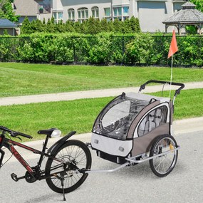 HOMCOM Reboque de Bicicleta para Crianças 2 Lugares 2 em 1 Reboque para Crianças Convertível em Carrinho com Rodas 360º Amortecedores e Guiador Ajustável Bege e Marrom