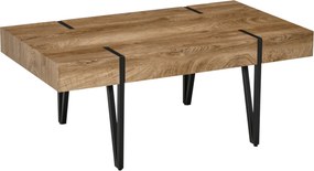 Mesa de centro retangular de estilo industrial, com pés em forma de alfinete de metal preto e tampo em madeira com aspeto envelhecido
