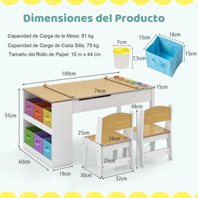Mesa e cadeiras infantis 2 em 1 com arrumação, com tampo elevável, rolo de papel, 6 copos de tinta e 6 caixas brancas + naturais