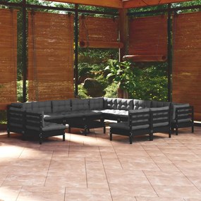 14 pcs conjunto lounge jardim c/ almofadões pinho maciço preto