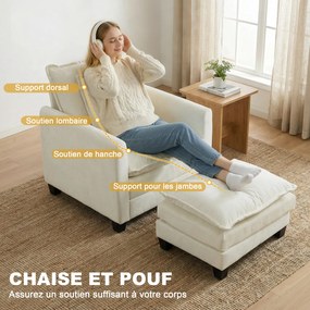 Poltrona de sala com apoio para os pés, sofá de 1 lugar em chenille, assento largo, estofamento de dupla camada, 85x128x86 cm, creme