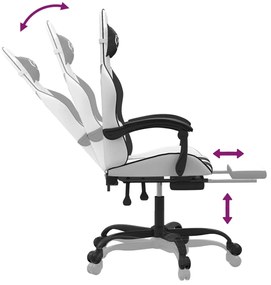 Cadeira gaming giratória c/ apoio pés couro artif. branco/rosa