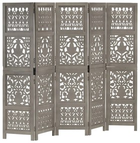 vidaXL Biombo esculp mão 5 painéis 200x165cm mangueira maciça cinzento