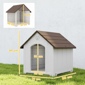 Casota para Cães de Exterior Casa para Cães Grandes de Plástico com 2 Janelas Base Elevada Estacas Castanho Escuro