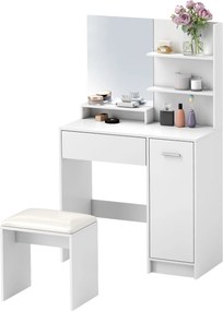 Conjunto de Toucador com Espelho e Banco, 80 x 40 x 132 cm, Grande Espaço de Arrumação, Branco