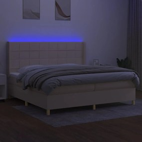 Cama box spring c/ colchão e LED 200x200 cm tecido cor creme