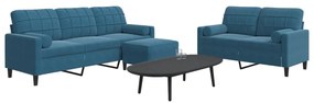 3 pcs conjunto de sofás com almofadões e rolos veludo azul