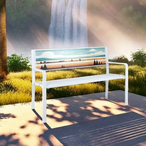 Banco de jardim de metal  com 2 lugares, encosto decorativo, assento com ripas e apoios de braços branco