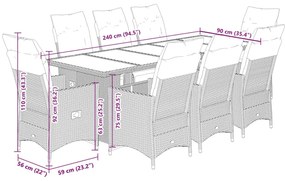 9 pcs conjunto bistrô de jardim c/ almofadões vime PE cinzento