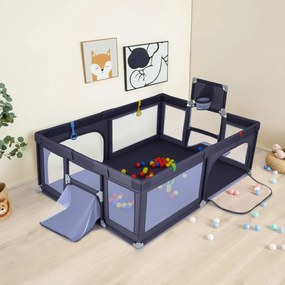 Parque infantil grande e seguro 207 x 145 x 68 cm com cesto de basquetebol e redes de futebol, argolas para lançar e bolas oceânicas, portas cinza esc