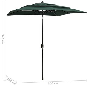 Guarda-sol de jardim 3 camadas c/ poste de alumínio 2x2 m verde