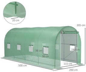 Estufa tipo Túnel 500x200x205 cm Estufa de Jardim com Porta Enrolável e 8 Janelas Cobertura de PE 140 g/m² Verde