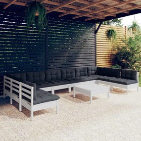 11 pcs conj. lounge de jardim c/ almofadões pinho maciço branco