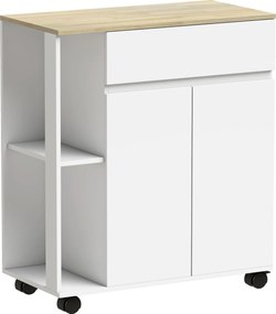 HOMCOM Carrinho de Cozinha com Gaveta, Armário e 2 Prateleiras Laterais, em Madeira, 78x39.5x88.5 cm, Branco e Carvalho | Aosom Portugal