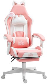 HOMCOM Cadeira Gaming com Orelhas Cadeira Gamer Reclinável com Altura Ajustável e Suporte Lombar 65x62x116-124 cm Rosa e Branco
