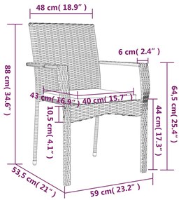 3 pcs conjunto de jantar p/ jardim c/ almofadões vime PE cinza