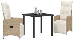 Conjunto de Jantar de Jardim 3 Peças com Almofadas Bege Rattan Poliést