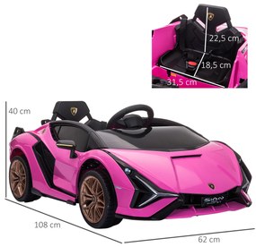 Carro Elétrico Lamborghini SIAN 12V para Crianças acima de 3 Anos com Controle Remoto Abertura da Porta Música MP3 USB e Faróis 108x62x40cm Rosa