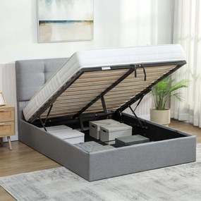 Cama com arrumação 140x190 (COLCHÃO NÃO INCLUIDO), estrutura de cama de casal estofada com base de ripas de madeira e arrumação oculta, sem colchão, c
