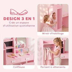 Toucador Infantil com Banco, 92 x 36 x 103,3 cm, Design 3 em 1, Cor-de-rosa