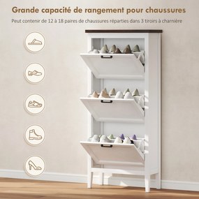 Sapateira com capacidade para 18 pares 60 x 26,5 x 133,7 cm, armário estreito com 3 gavetas rebatíveis e prateleiras ajustáveis, branco