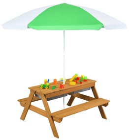 Mesa de piquenique infantil 3 em 1 com guarda-sol removível e ajustável de altura de 117 a 187 cm Mesa de madeira para pátio de jardim Verde