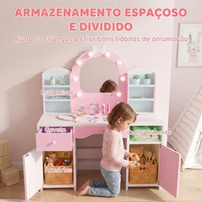Penteadeira Infantil com Espelho LED 2 Cores, Banco, 2 Armários, Gaveta e Prateleiras, Rosa
