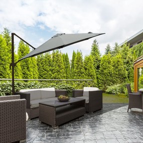 Guarda-sol octogonal inclinável Ø 3 x 2,5 m, com rotação de 360°, base em cruz, 8 cordas, manivela incluída, estrutura em alumínio e aço, cinzento