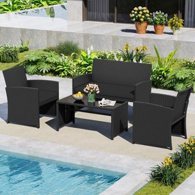 Conjunto de jardim em rattan com 4 peças: sofás de 2 lugares, mesa de vidro temperado e almofadas para exterior, varanda ou piscina, Preto+Preto