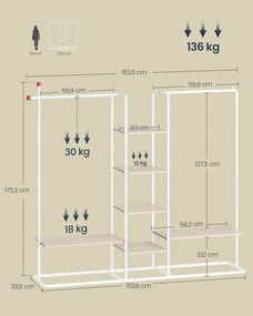 Guarda Roupa com 6 prateleiras 33,8 x 163,6 x 175,3 cm Branco + Bege