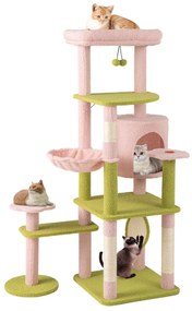 Arranhador para gatos de 148 cm com vários níveis com poleiro, rede, postes de rede e raspador de sisal Rosa e verde