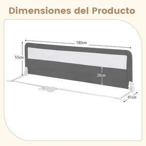 Grade de cama para crianças 180 CM dobrável e desmontável com cobertura removível Malha respirável Barra transversal de metal respirável Cinza